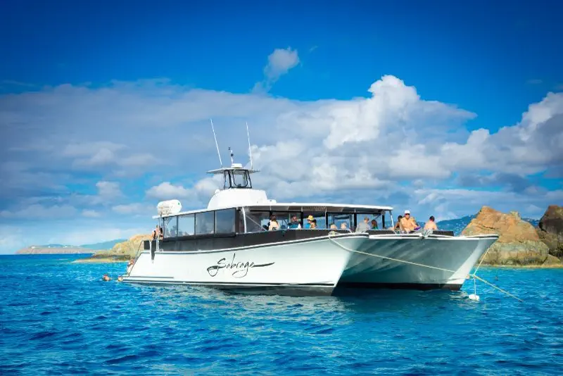 Sabrage catamaran charter boat on turquoise Caribbean water